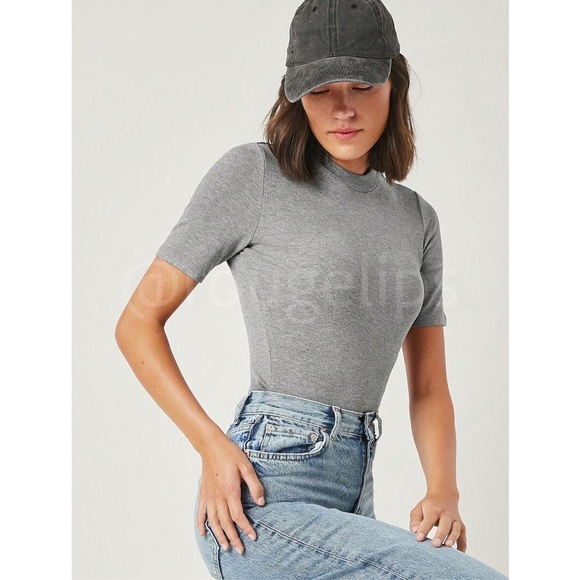 Grey Rib-Knit High Neck Short Sleeve Slim Fit Top Shirt - Picture 2 of 7